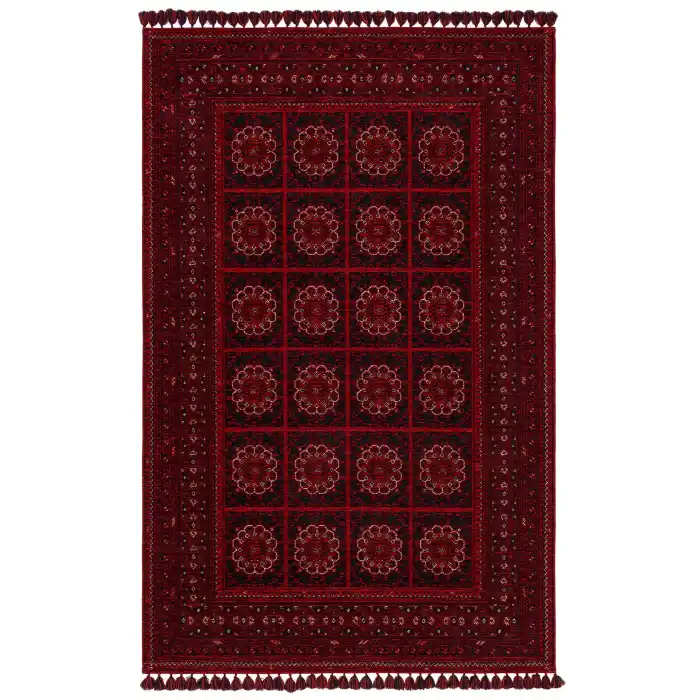 Buhari BHR 03 Red Afgan Yağcıbedir Desenli Hav Toz Vermez Yıkanabilir Kaymaz İnce Dokuma Halı