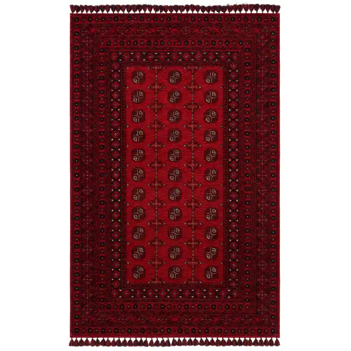 Buhari BHR 04 Red Afgan Yağcıbedir Desenli Hav Toz Vermez Yıkanabilir Kaymaz İnce Dokuma Halı