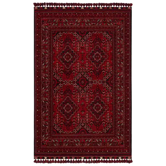 Buhari BHR 05 Red Afgan Yağcıbedir Desenli Hav Toz Vermez Yıkanabilir Kaymaz İnce Dokuma Halı