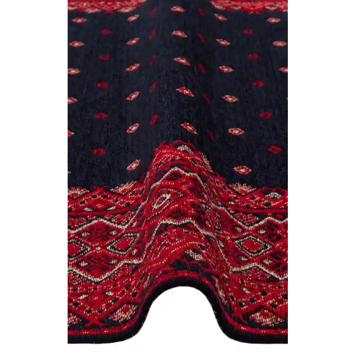 Buhari BHR 08 Navy Afgan Yağcıbedir Desenli Hav Toz Vermez Yıkanabilir Kaymaz İnce Dokuma Halı