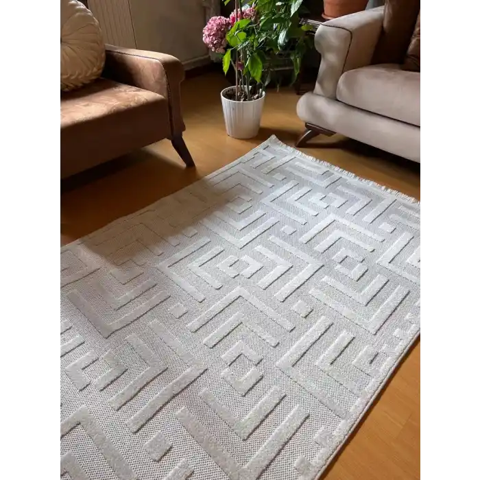 Grace Bej - Gri - KremBej Dekoratif Kaymaz Tabanlı Özel Ölçü Makine Halısı