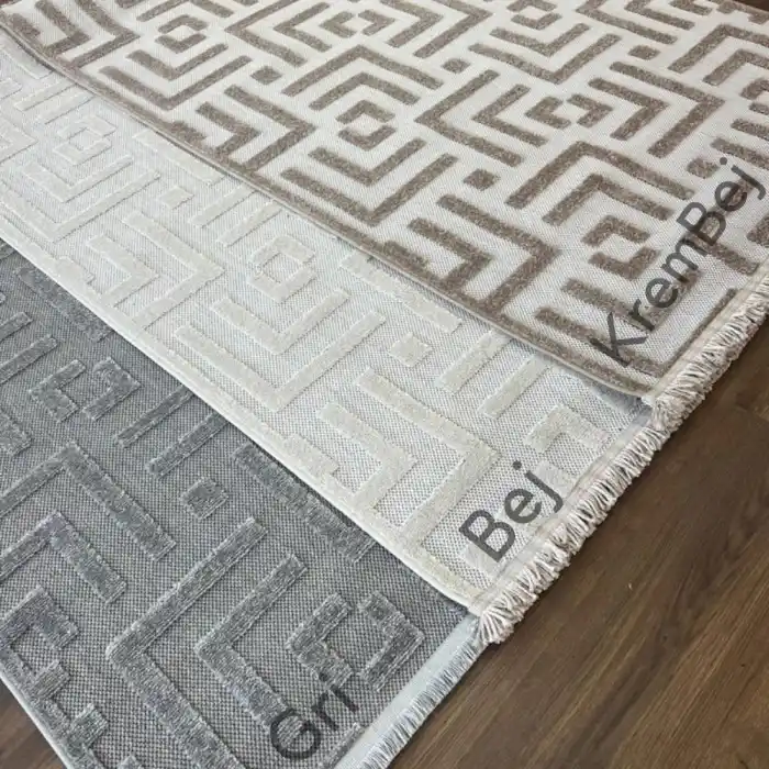 Grace Bej - Gri - KremBej Dekoratif Kaymaz Tabanlı Özel Ölçü Makine Halısı