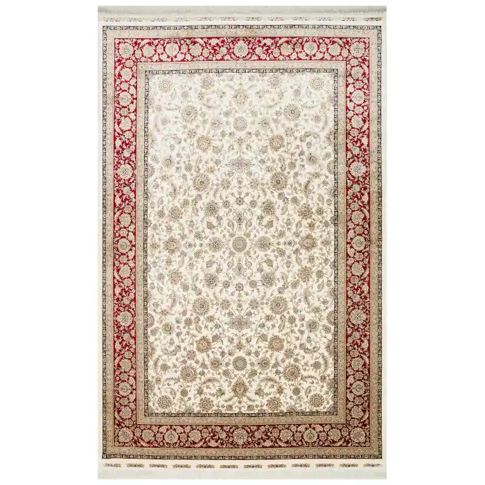 İsfahan 03 Cream Red Klasik Desenli Yüksek Kalite Sık Dokuma Makine Halısı