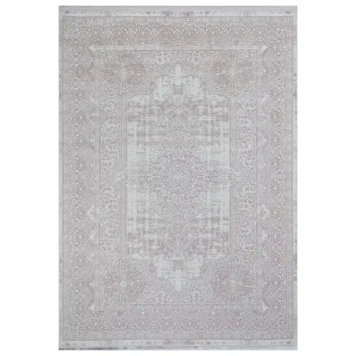 Nakış 2002 Beyaz Klasik Desenli Kaymaz Tabanlı Makine Halısı