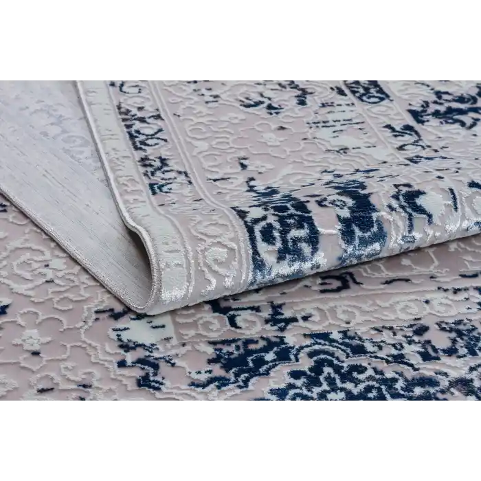 Nakış 2006 Mavi Klasik Desenli Kaymaz Tabanlı Makine Halısı