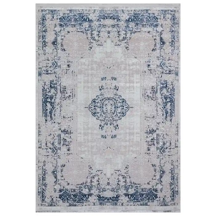 Nakış 2006 Mavi Klasik Desenli Kaymaz Tabanlı Makine Halısı