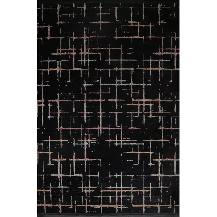Otantik-FX 12A Siyah Multi Dekoratif Modern Kaymaz Tabanlı Makinede Yıkanabilir Halı Kilim