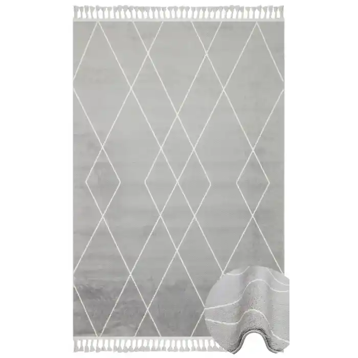 Urban 02 Grey White Etnik Desenlere Sahip Hav Toz Vermez Yumuşak Dokulu Modern Halı