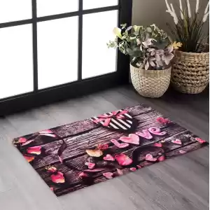 Love Yazılı Çiçekli Kalpli Pembe Dekoratif Kapı Önü Paspası 45 x 70 cm