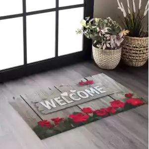 Welcome Yazılı Çiçekli Gri Dekoratif Kapı Önü Paspası 45 x 70 cm