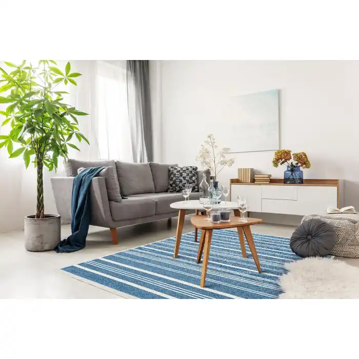 Eko Halı Mondo 02 Blue Çift Taraflı Kullanılabilen Makinede Yıkanabilir Yumuşak Dokulu Pamuk Kilim