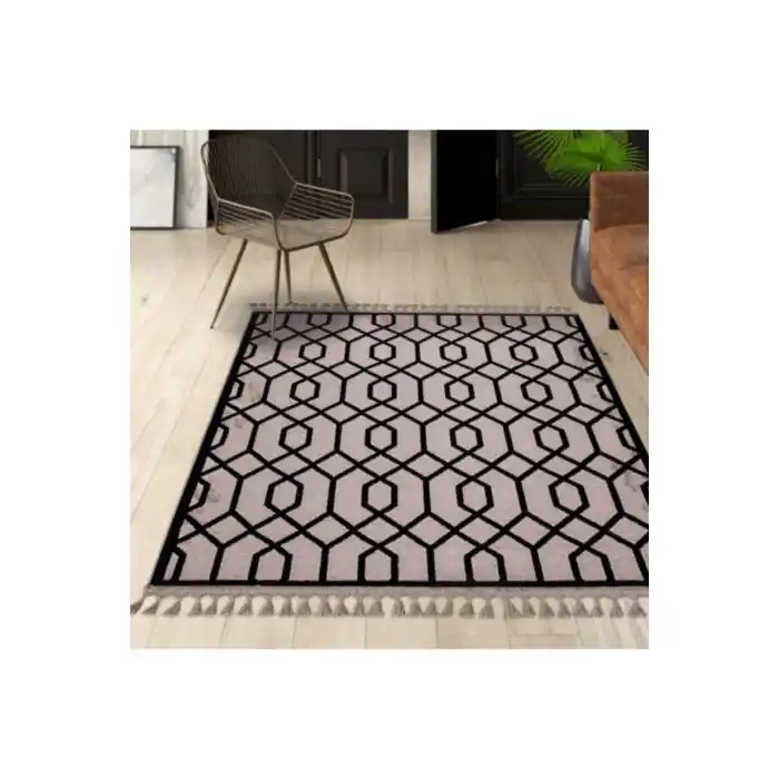 Jutt 06 Siyah Kaymaz Taban Kolay Temizlenen Dekoratif Modern Kilim