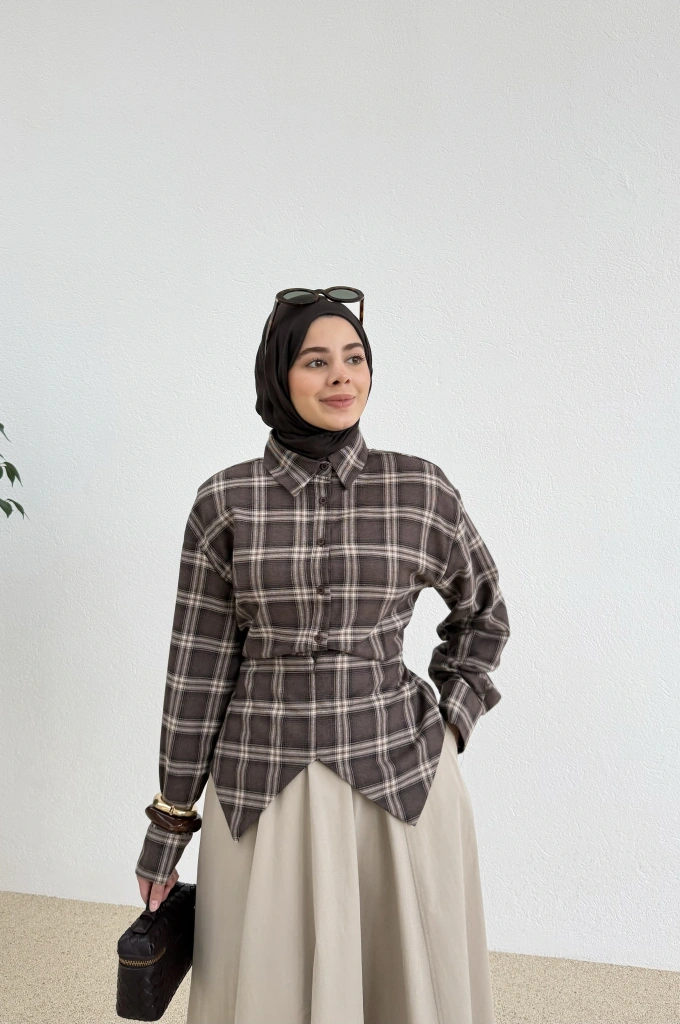 (ASİMETRİK GÖMLEK KAHVE )