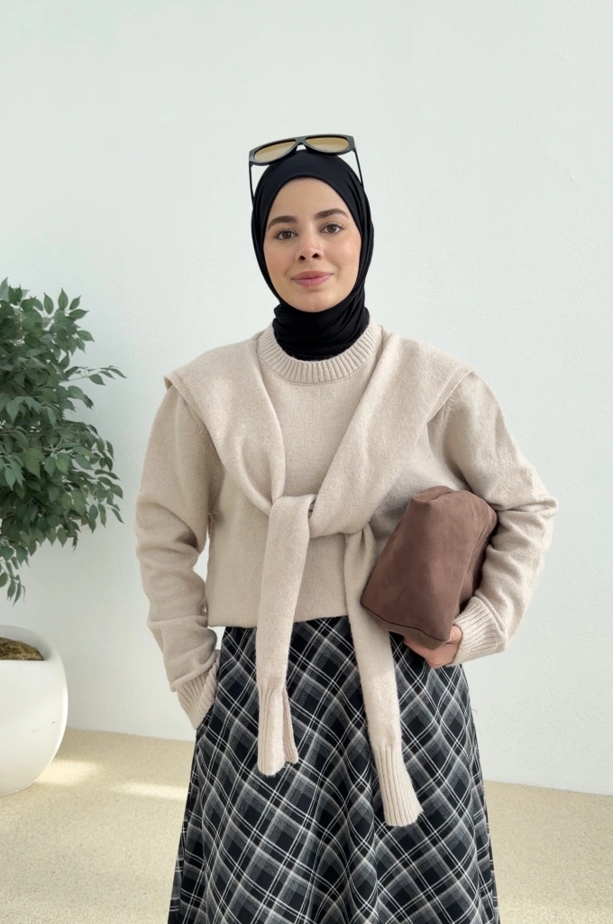 &Kendinden atkılı kazak bej &