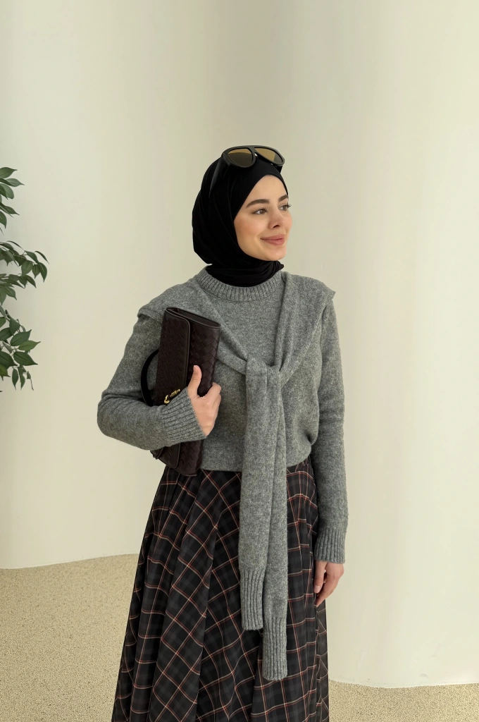 &Kendinden atkılı kazak gri&