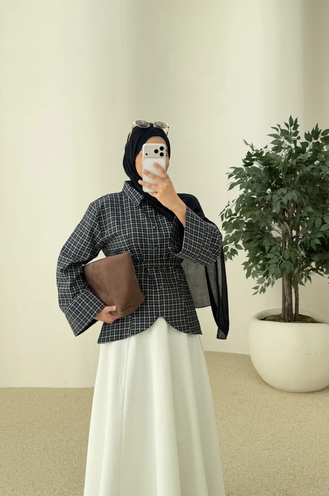 2000 Bel detaylı ekose mavi geçişli gömlek