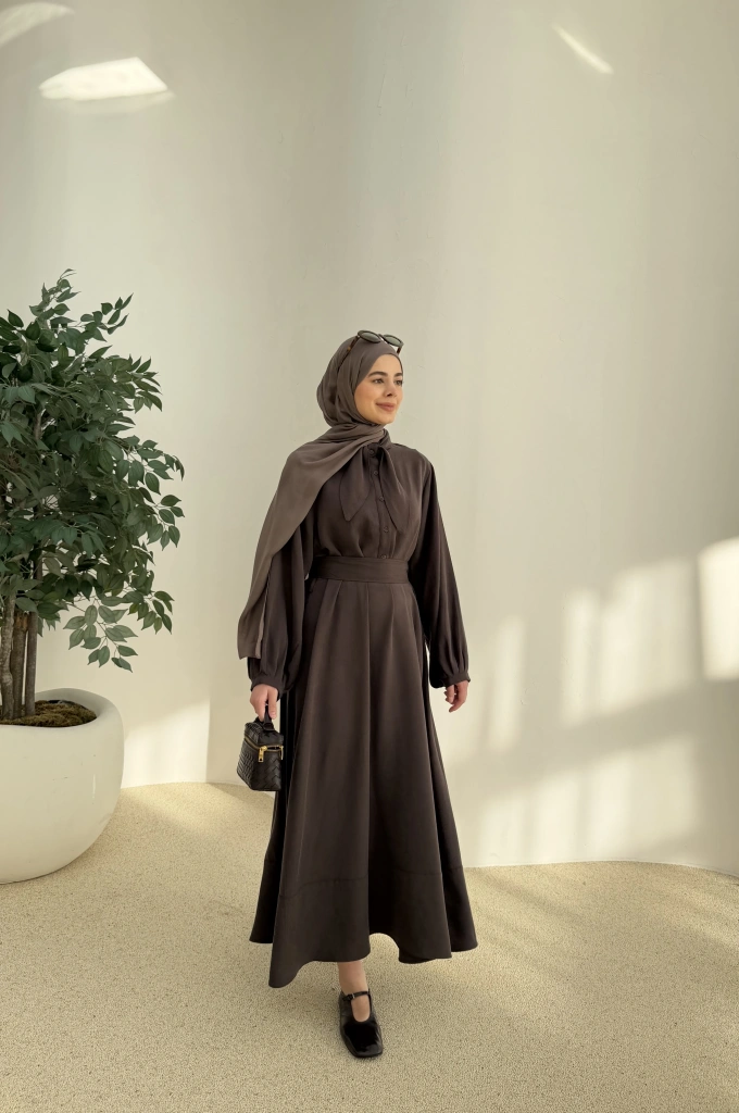 2348 FLR DETAY ELBİSE ACI KAHVE