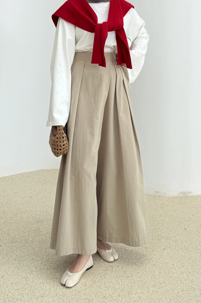 3846 pileli pantolon koyu bej