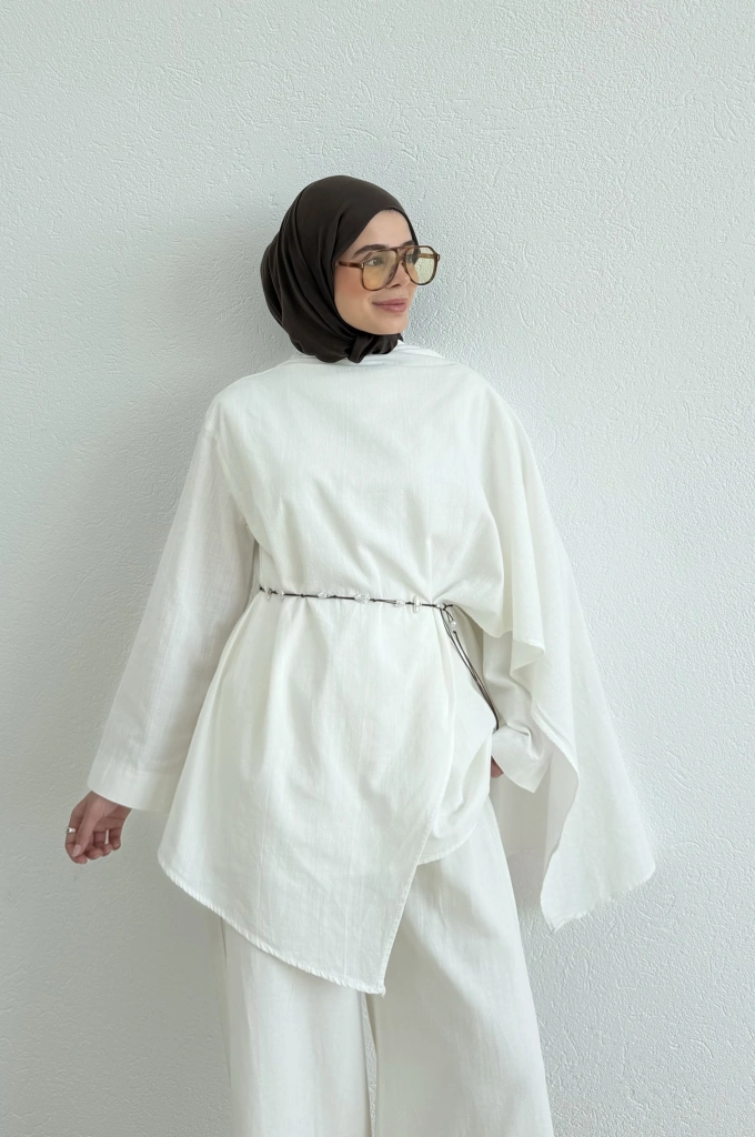 5479 FULAR DTY KETEN TUNİK BEYAZ