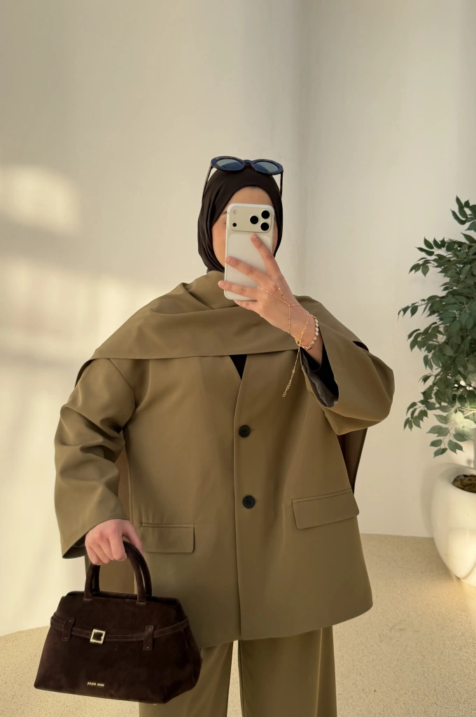 6003 Fularlı blazer ceket takım soft yeşil