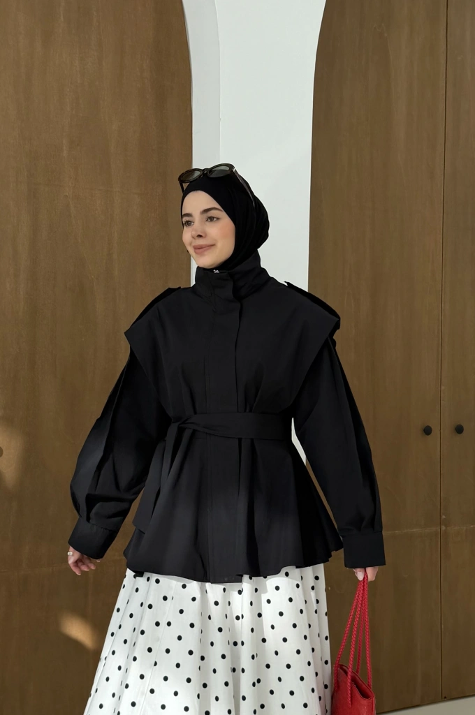 7623 DİK YAKA GENİŞ OMUZ TRENÇ siyah