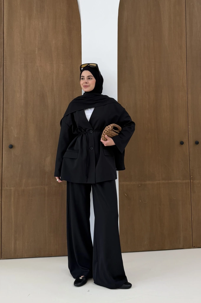 6003 Fularlı blazer ceket takım SİYAH