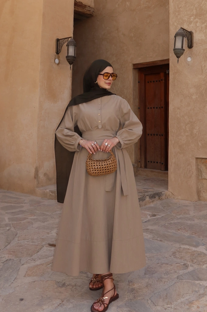 2357 ÖN DÜĞME HAM KETEN ELBİSE VİZON