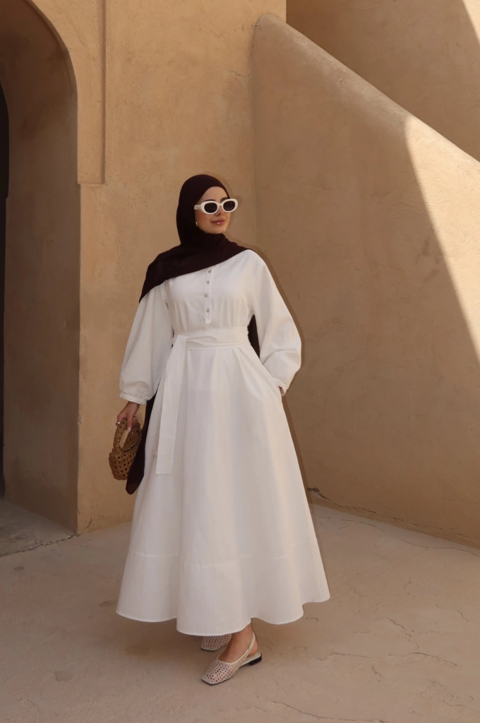 2357 ÖN DÜĞME HAM KETEN ELBİSE beyaz