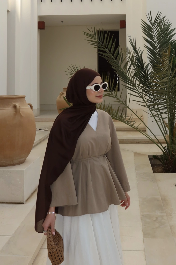 8975 KETEN V YAKA BLUZ !! VİZON