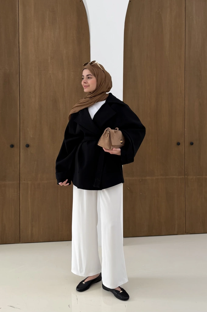 7658 BEL LASTİK TRENÇ SİYAH