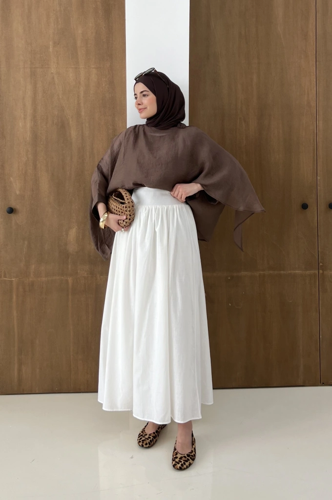 2926 KETEN BÜZGÜLÜ YÜKSEK BEL ETEK BEYAZ