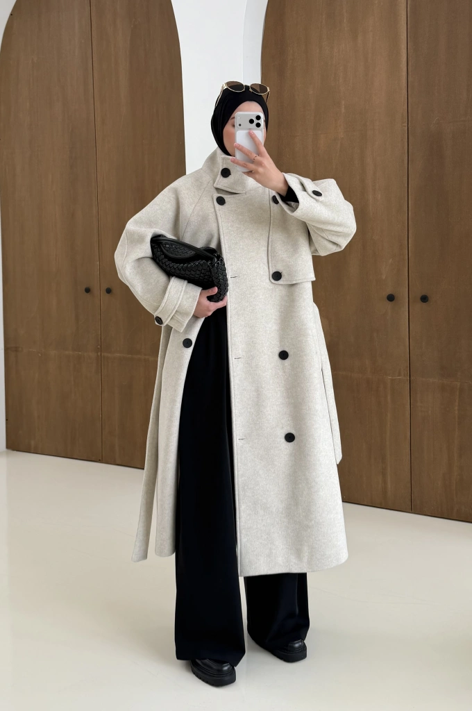 7120 İTHAL KUMAŞ KAPAKLI YAKALI KABAN bej