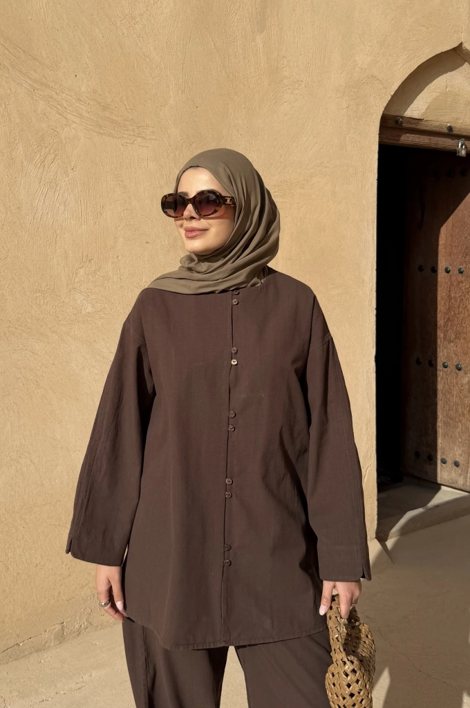 8977 MİNİK DÜĞME KETEN TAKIM kahve