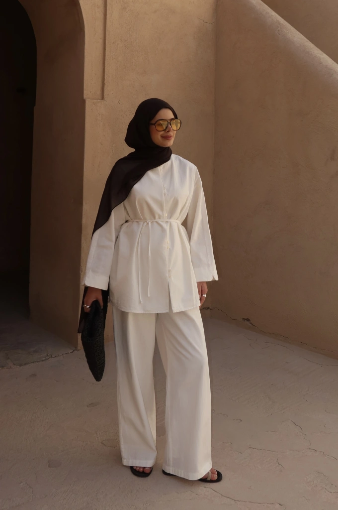 8977 MİNİK DÜĞME KETEN TAKIM BEYAZ