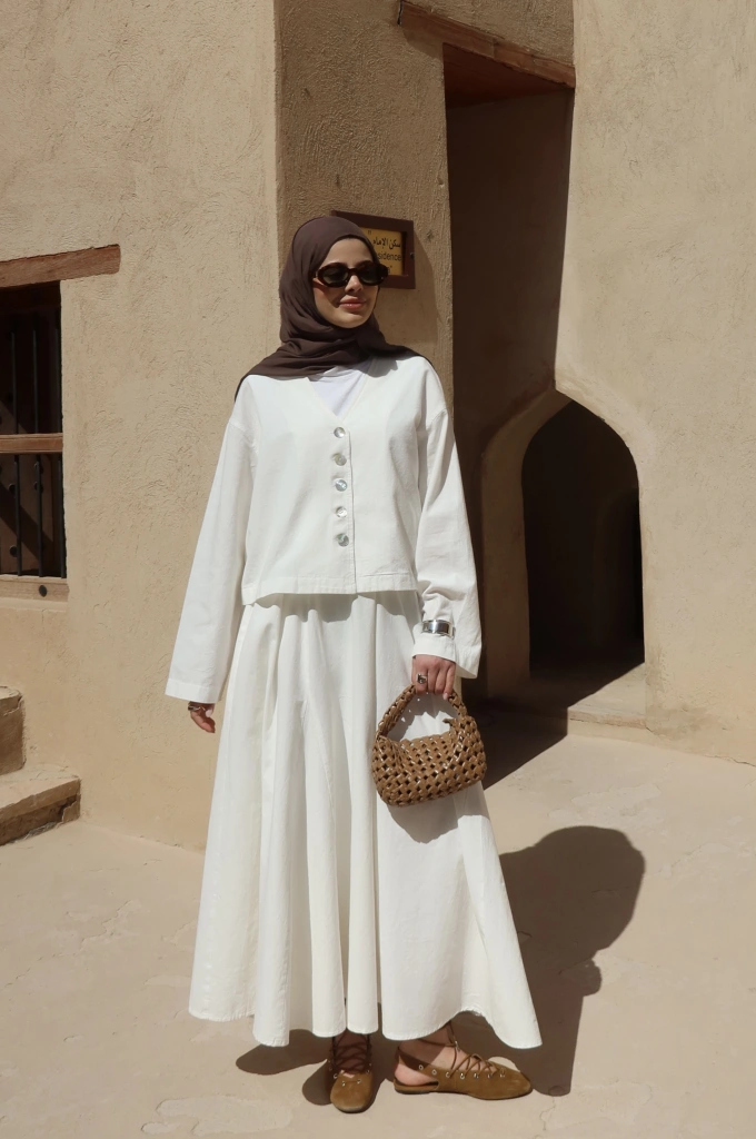 8998 DÜĞME TAŞLI KETEN TAKIM BEYAZ