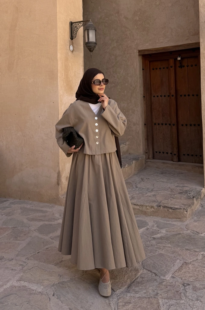 8998 DÜĞME TAŞLI KETEN TAKIM bej