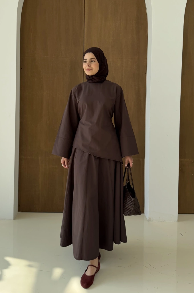 6025 BELDEN BAĞLAMA POPLİN ETEKLİ TAKIM KAHVE