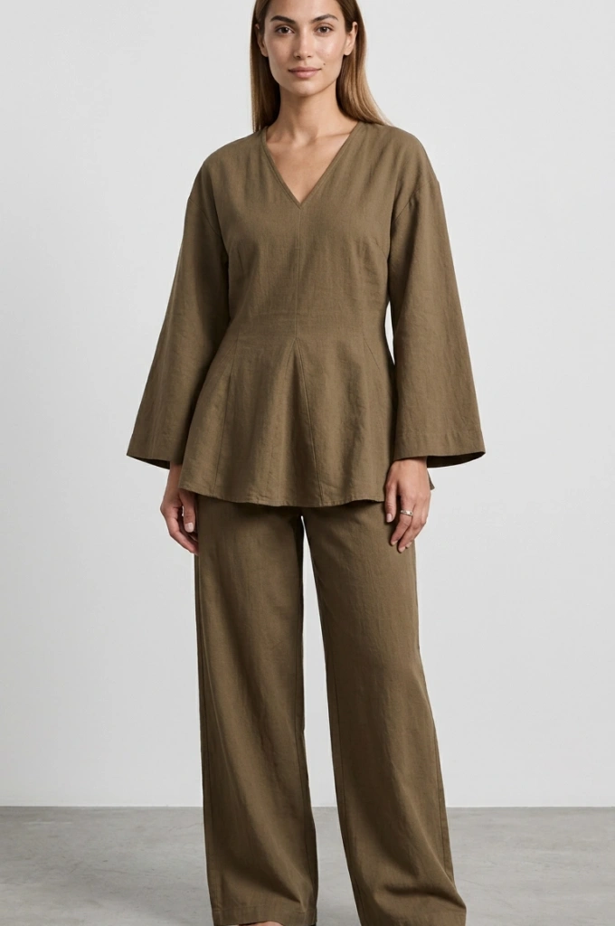 8975 V Umman keten takım palazzo yeşil