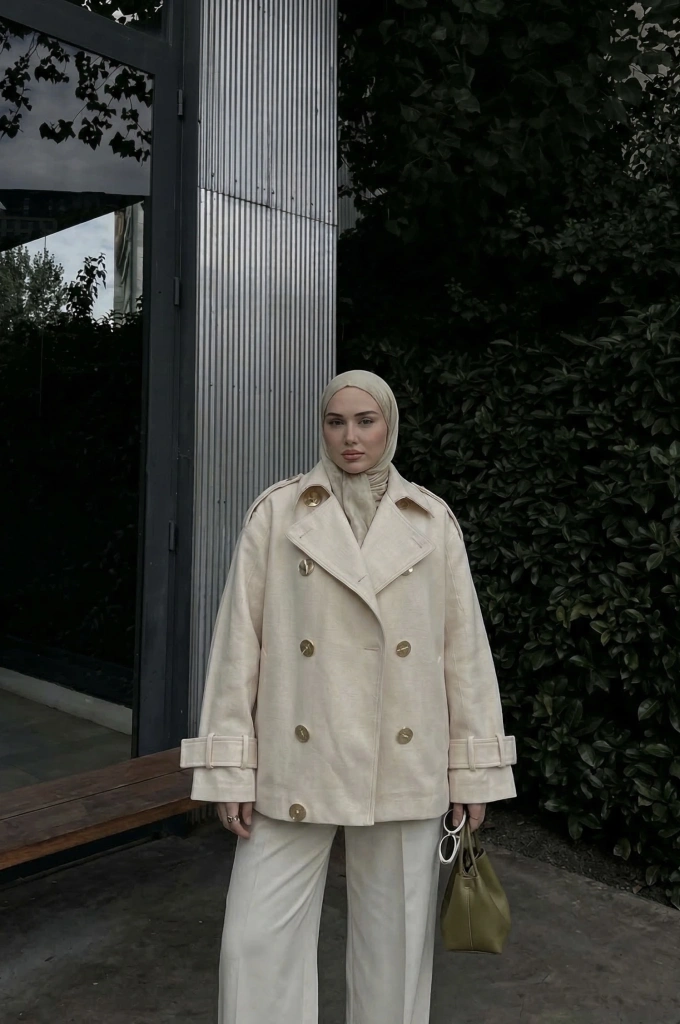 9697 Manşetli Kemerli Kruvaze Yaka Trençkot Keten