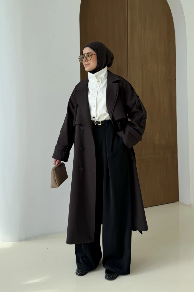 2045 PREMİUM POLEVİSKON UZUN SALAŞ TRENÇKOT acı kahve