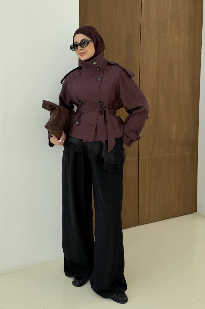 004 DİK YAKA KISA KUŞAKLI TRENÇKOT BORDO