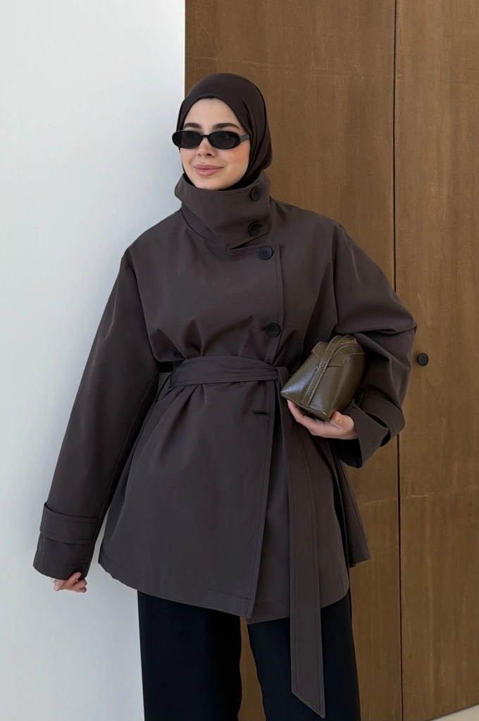 COTON MEVSİMLİK DİK YAKA TRENÇ kahve