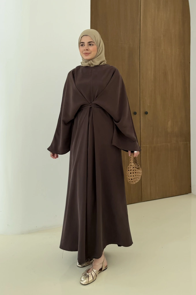 CH YANDAN BAĞLAMALI ZARİF ELBİSE kahve
