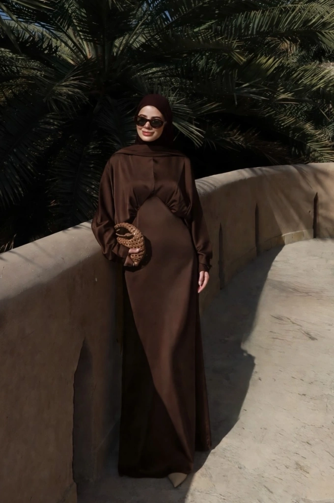 BELDETAY SATEN ELBİSE SU YOLU KAHVE