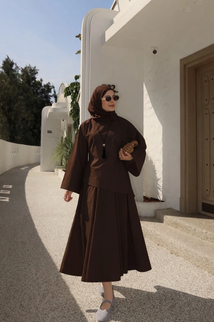 6025 BELDEN BAĞLAMA POPLİN ETEKLİ TAKIM KAHVE