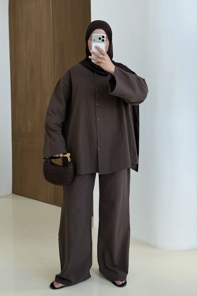 61870 KUŞAKLI KETEN TAKIM kahve