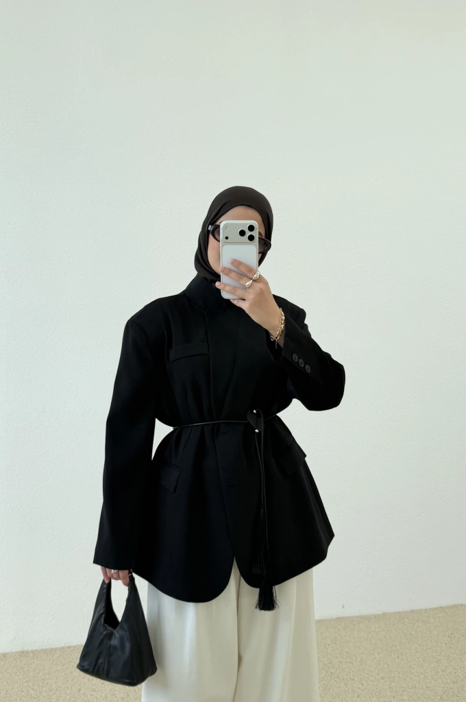 7437 Oversize Premium Astarlı Blazer__ SİYAH