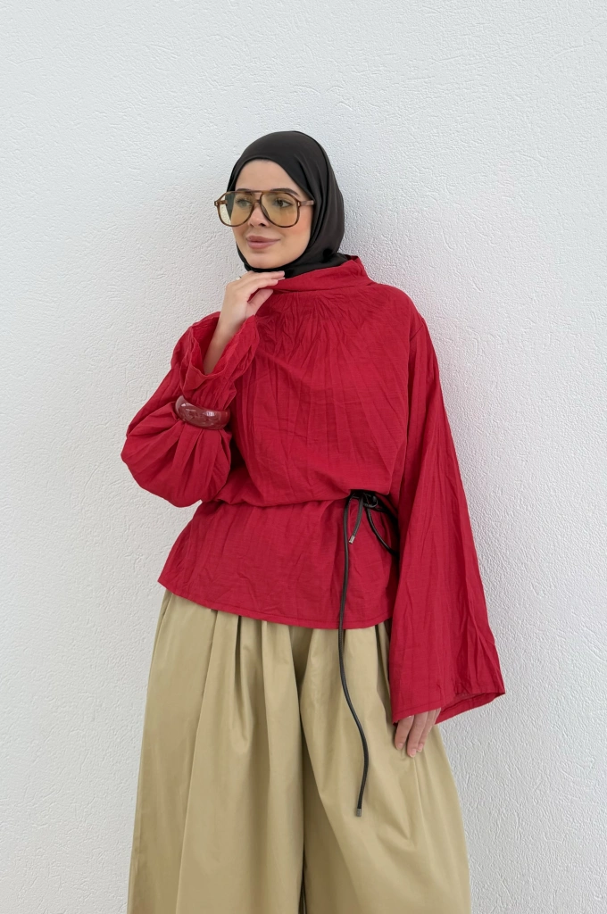262067 CRUSH KETEN DİK YAKA GÖMLEK KIRMIZI