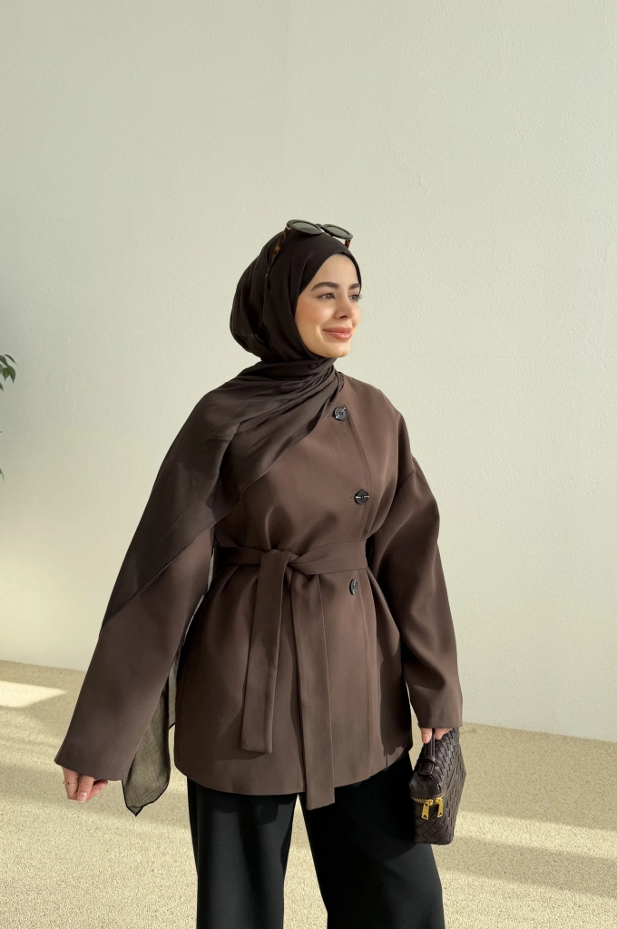 7672 KEMERLİ KISA TRENÇ KAHVE