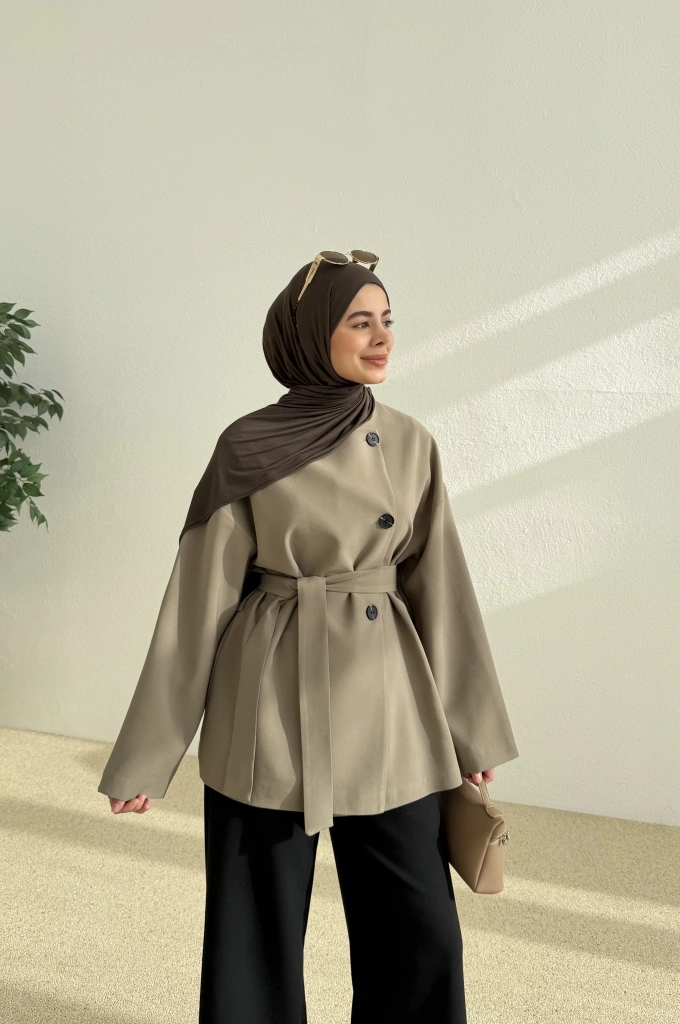 7672 KEMERLİ KISA TRENÇ MİNT YEŞİL